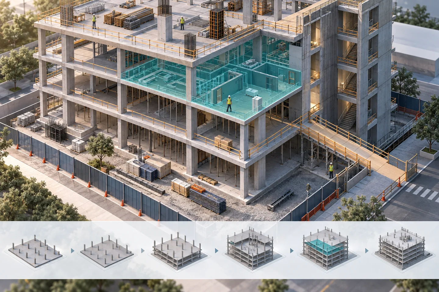 A concrete frame model shows a planned floor zone, access route and staging area.