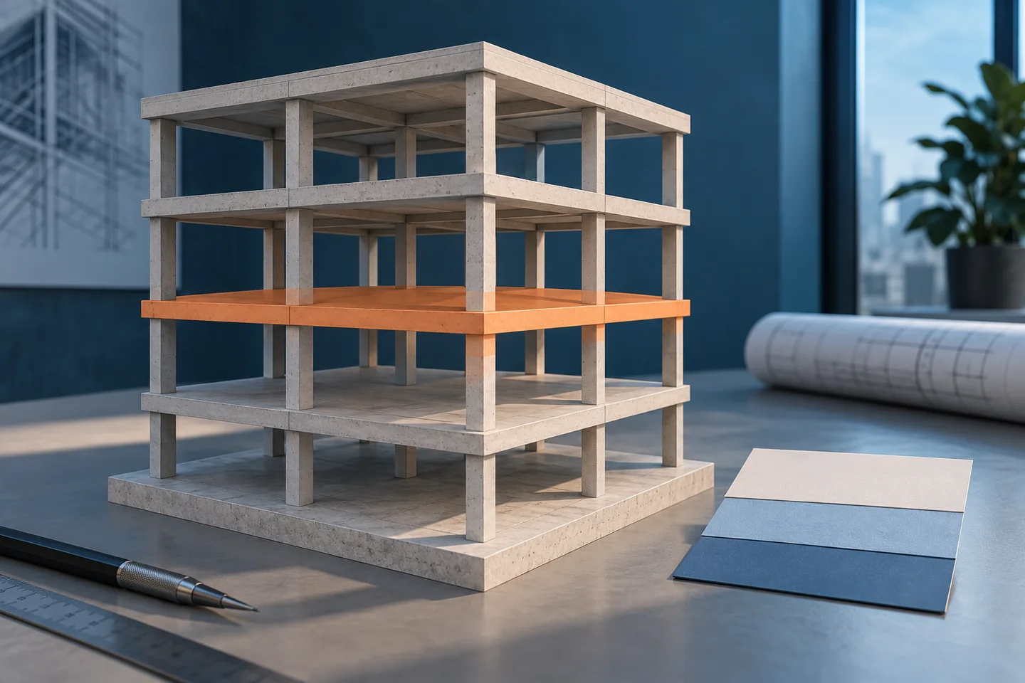 A concrete frame model has one highlighted floor zone beside a simple programme sheet.