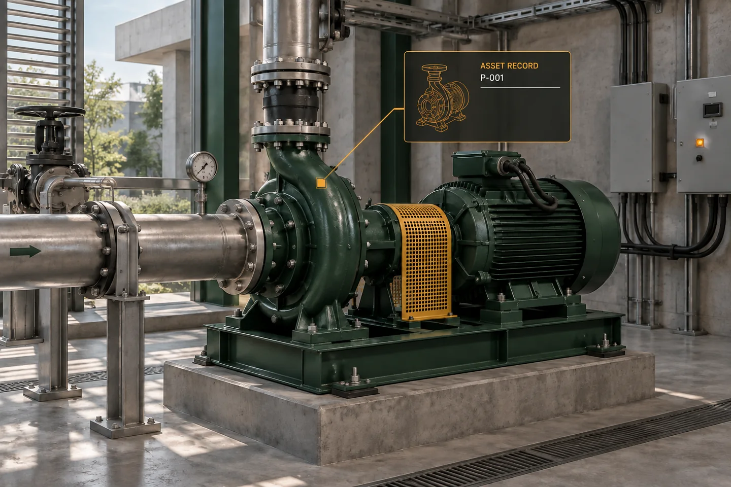 A pump and motor with connected pipes sit beside an asset identity card.