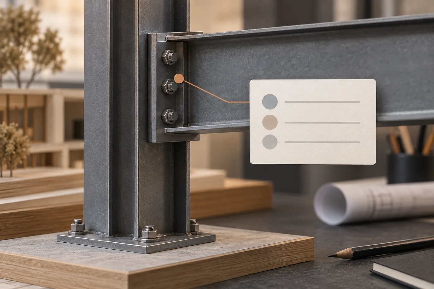 A steel beam-to-column connection is paired with a review marker and issue card.
