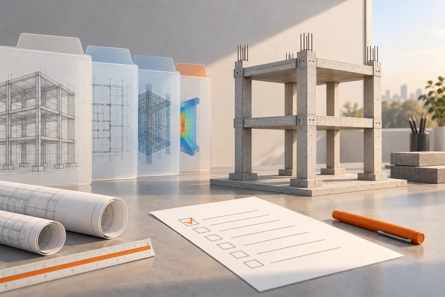 model folder map, structural frame sample, approval card and orange test markers