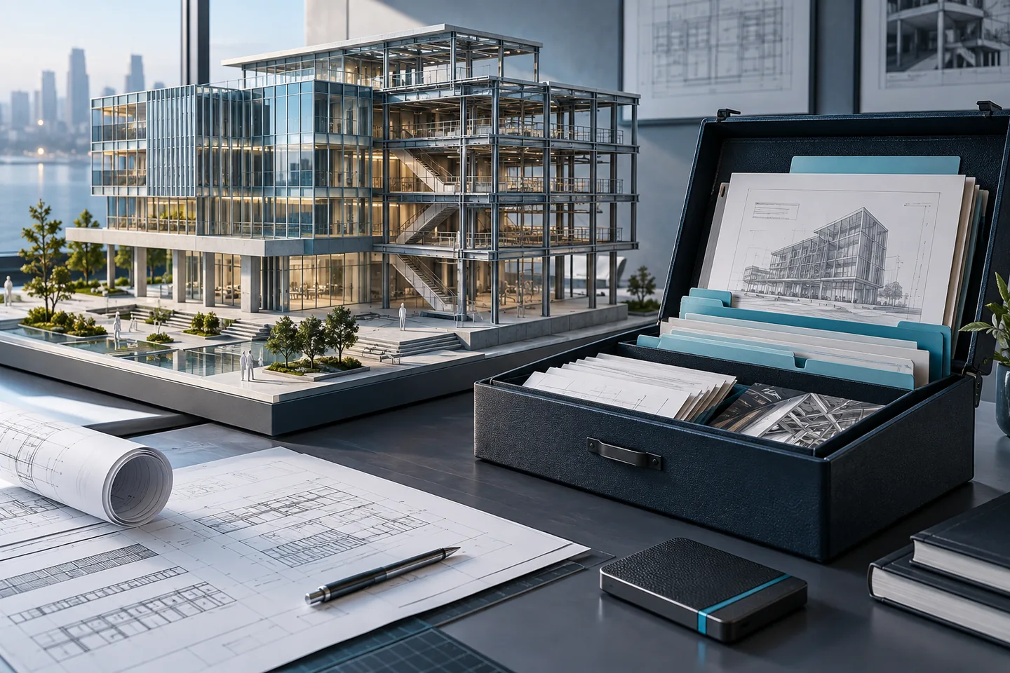 A structural model sits beside an archive case holding drawings and issue records.