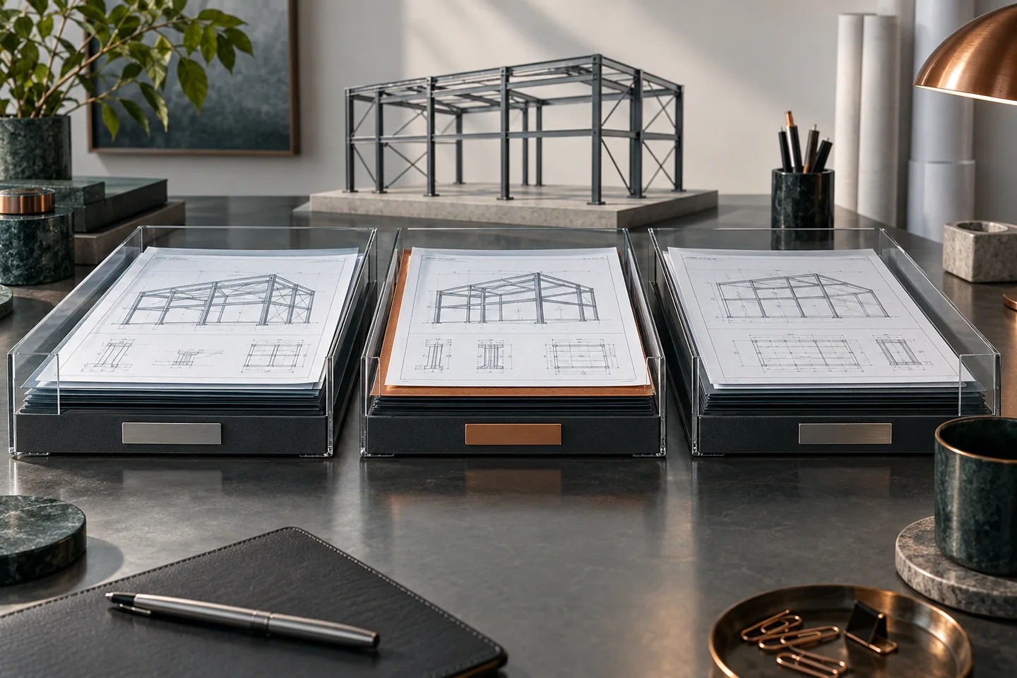 Drawing revisions pass through separate archival trays beside a structural model.
