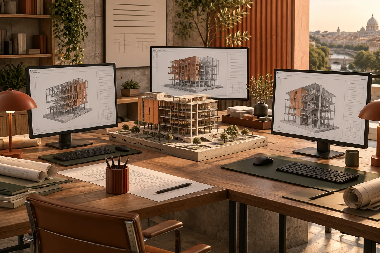 Three engineering workstations share views of a central structural model.