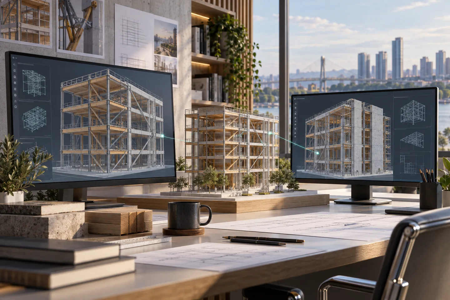 Two screens show different views of one structural frame beside its physical model.