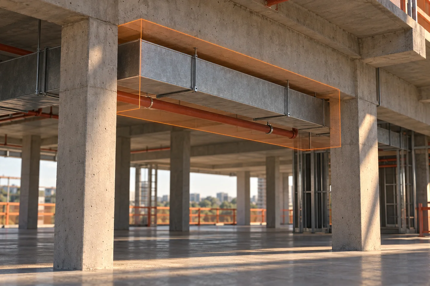 A concrete frame and building services share a clear bay marked for coordination review.
