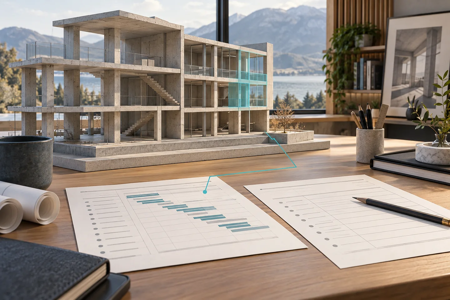 A concrete structural model sits beside a linked register and a manual-entry schedule.