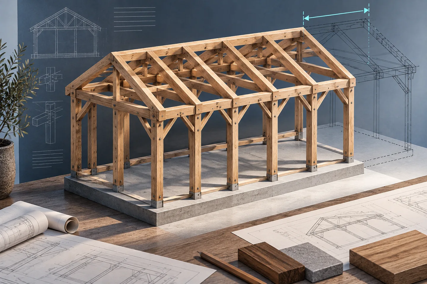 A timber frame with repeated bays is shown beside a wider alternative outline.