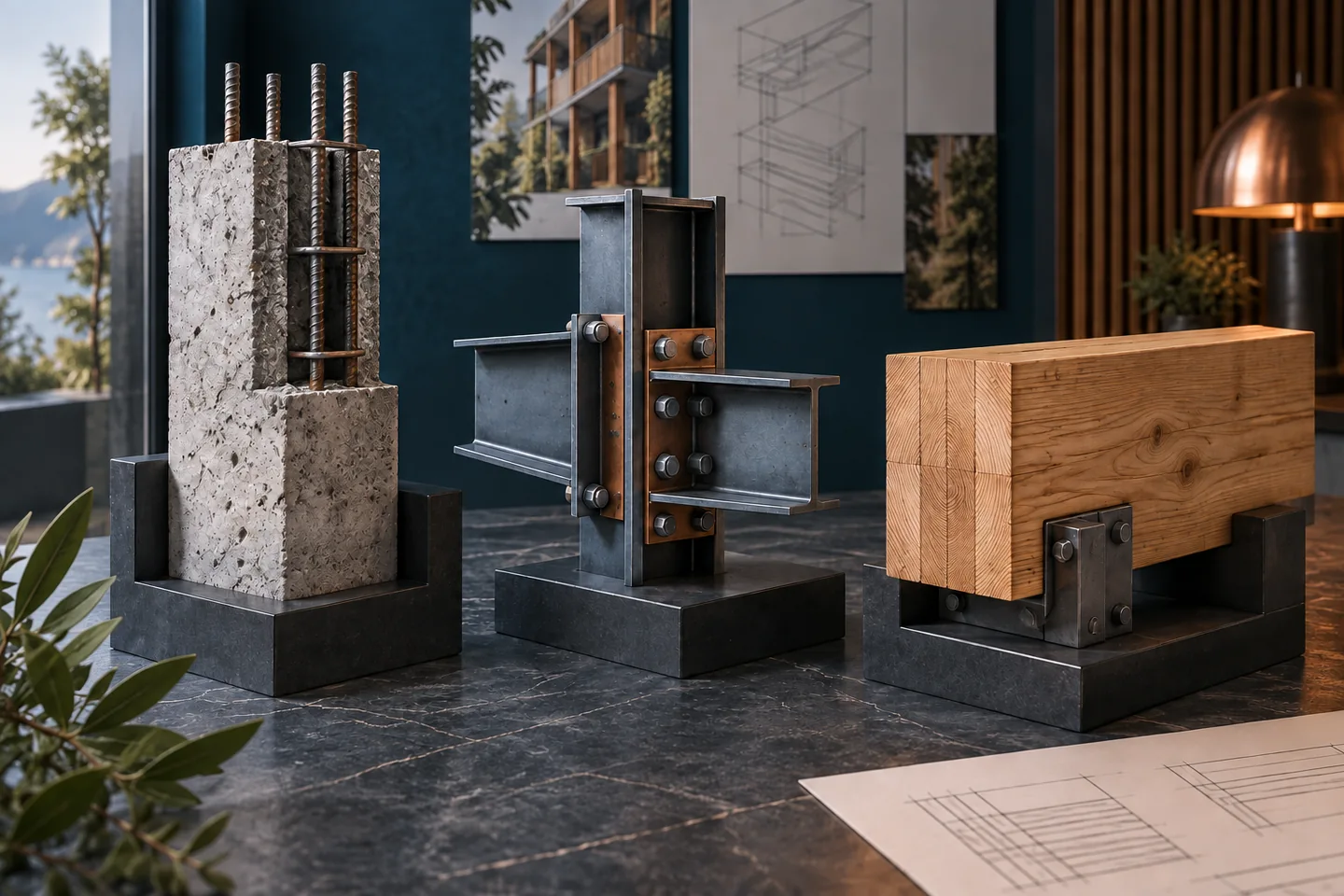 Concrete, steel and timber structural component samples sit in separate cradles.