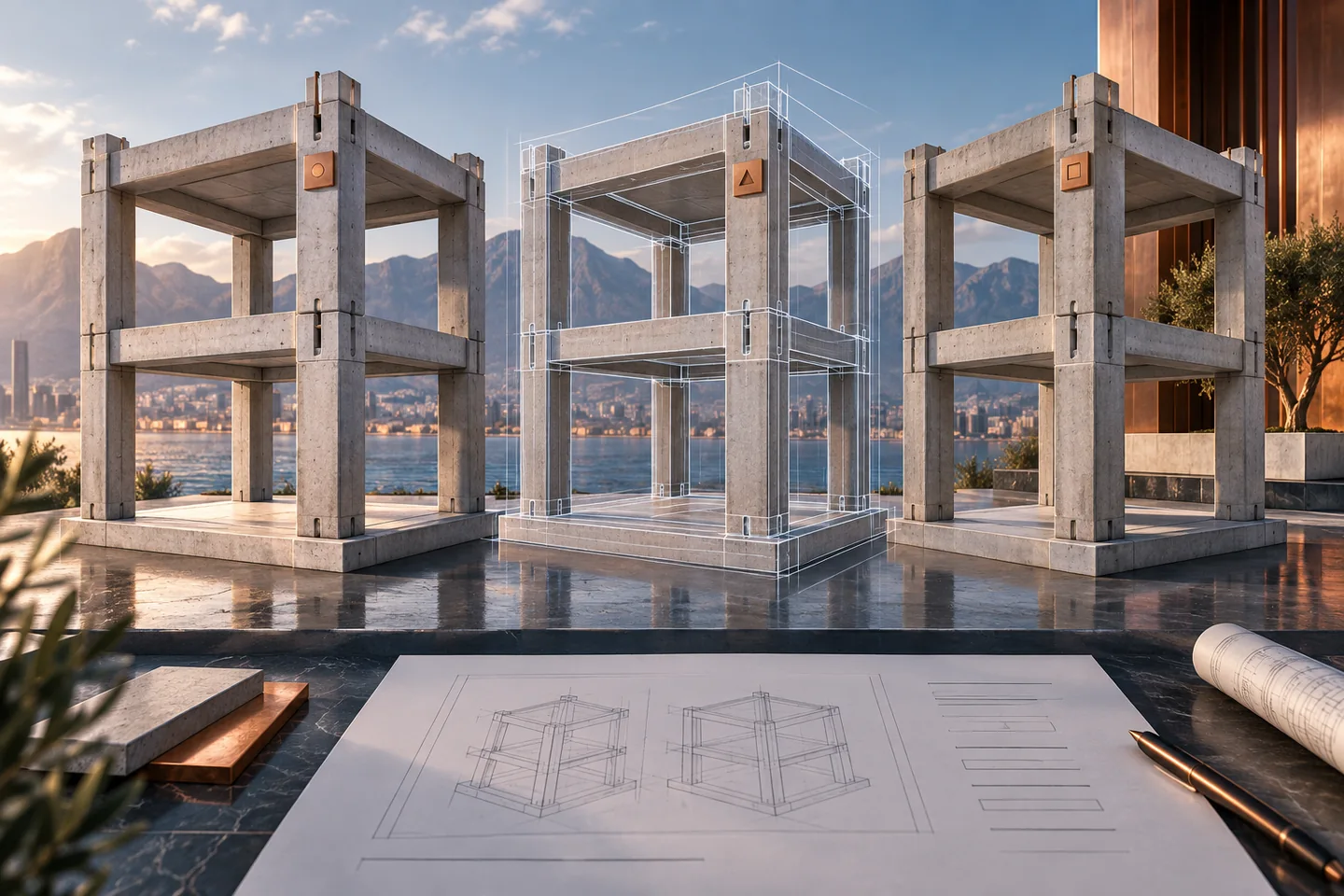 Three repeated precast frame modules carry distinct tags; one is overlaid with a digital outline.
