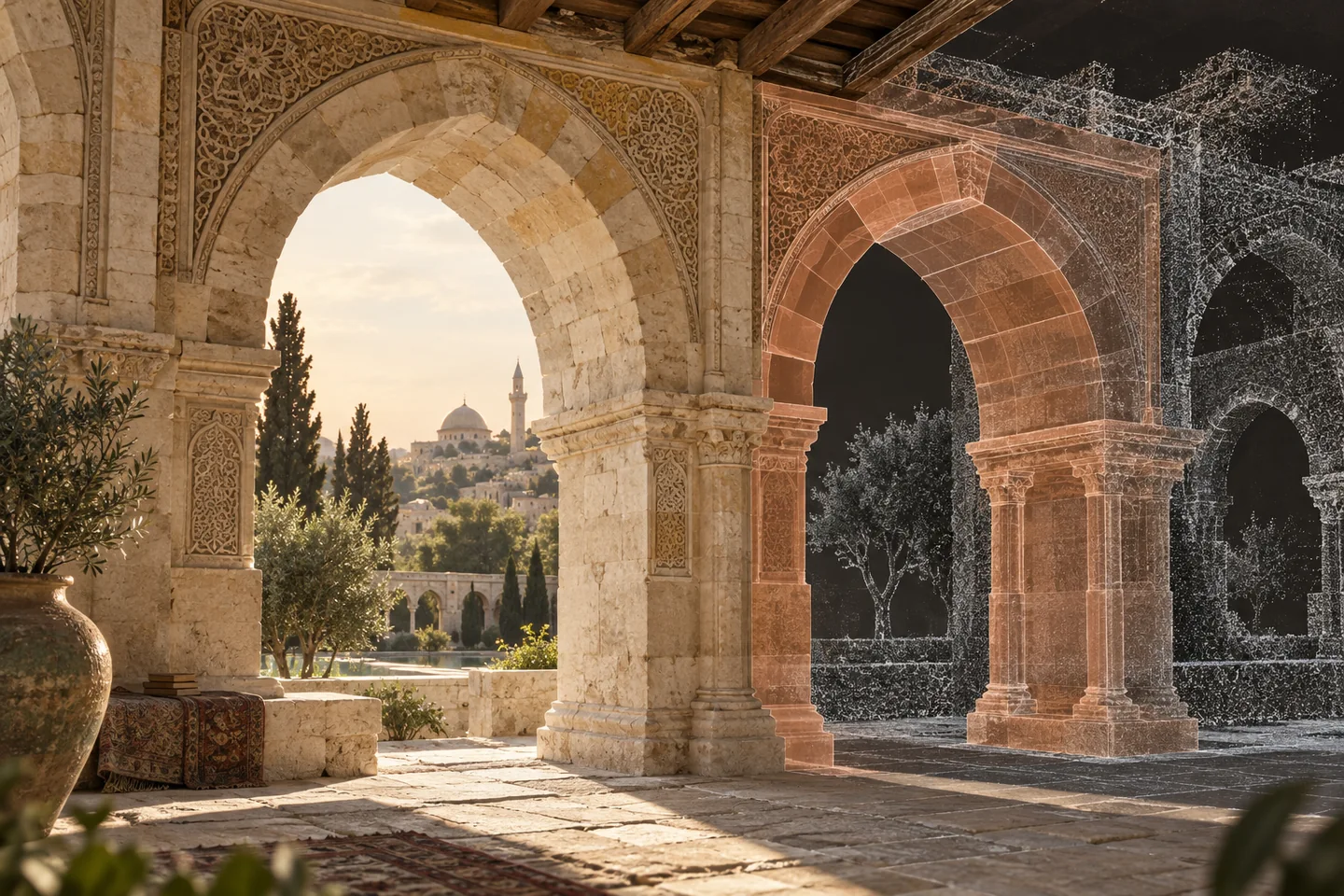 A stone arcade transitions from measured masonry to point cloud, leaving an occluded area open.