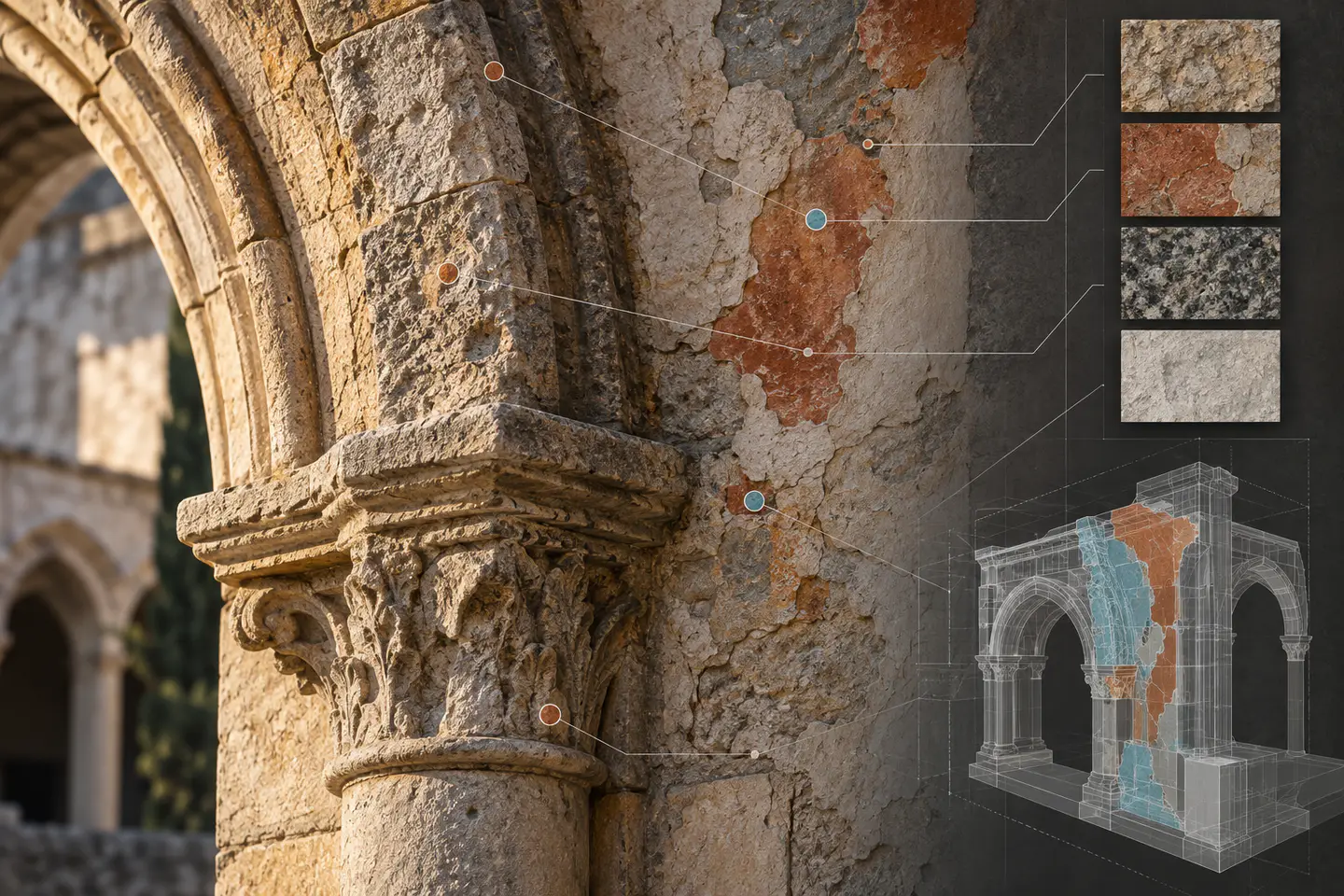 discreet inspection overlays, material sample board and mapped observation points