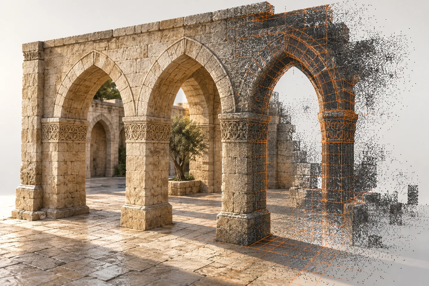 A stone arcade transitions from measured masonry to point cloud, with an unseen area left blank.