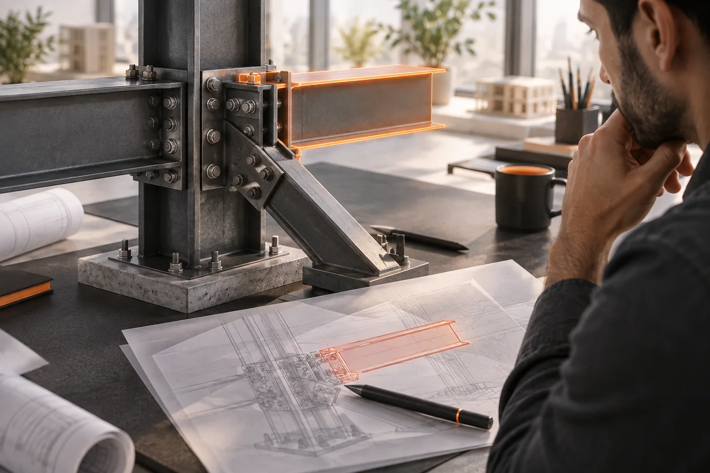 A steel connection model and proposed-change sheet sit at a review station.