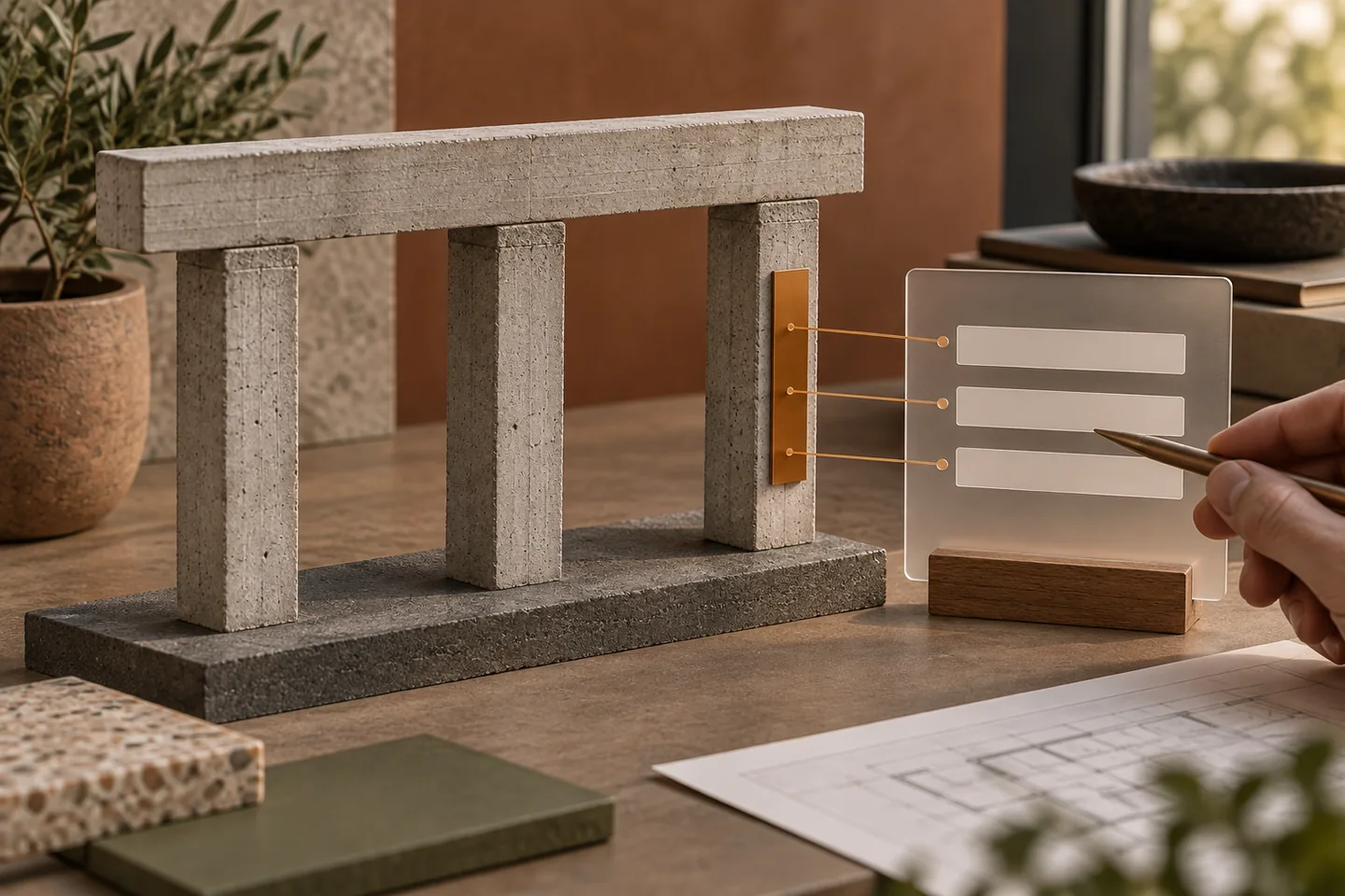 A concrete beam and columns are paired with a simple requirement card.
