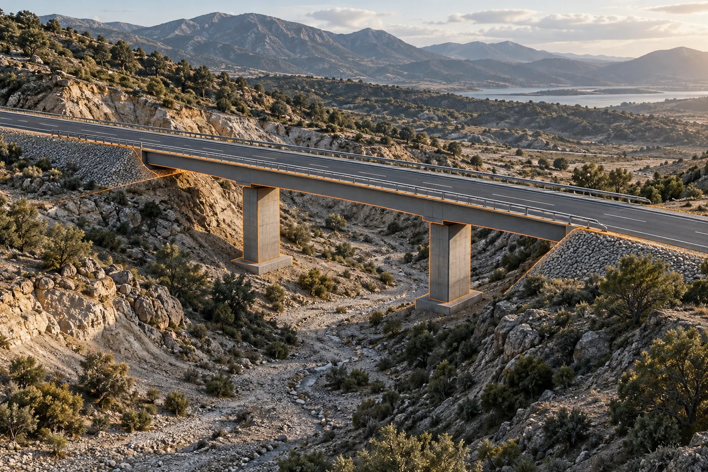 A highway bridge model crosses a shallow valley with its road approaches visible.