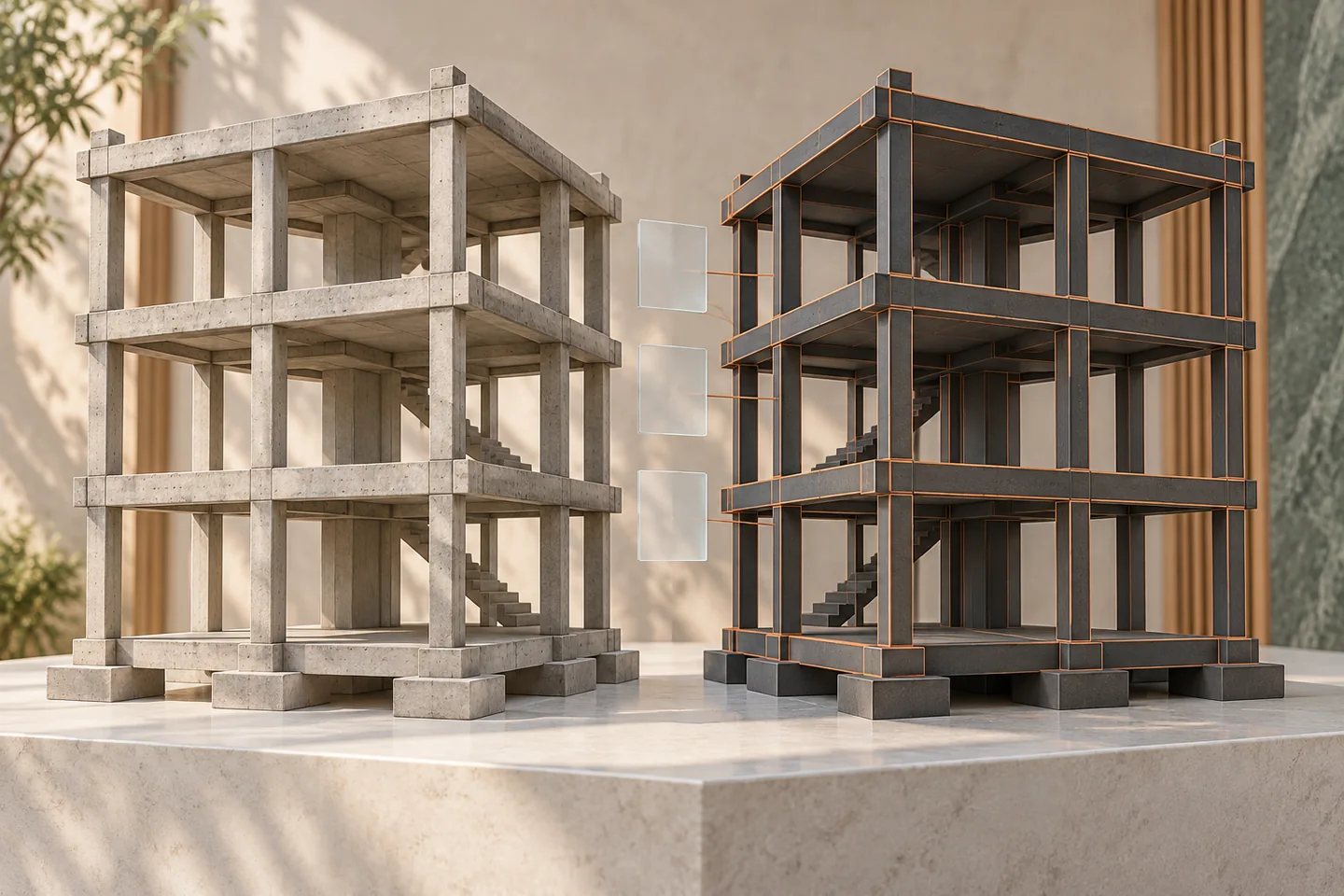 Two matching concrete frame models show the same structure with different surface and data treatments.