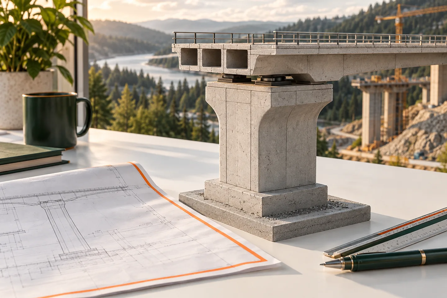 A precast bridge pier and deck segment sit beside an issued drawing.