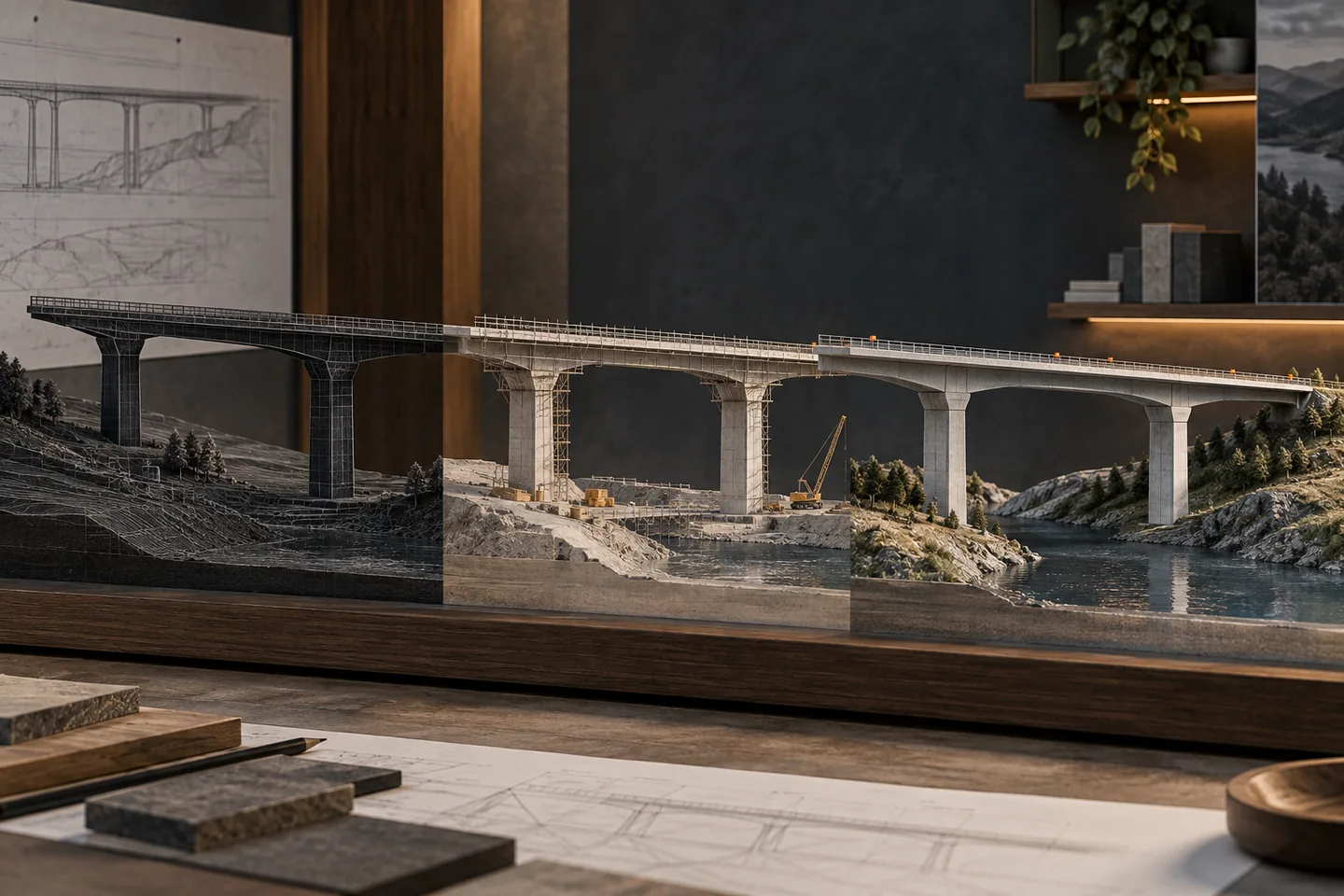 Three aligned bridge models show design, construction and completed states.