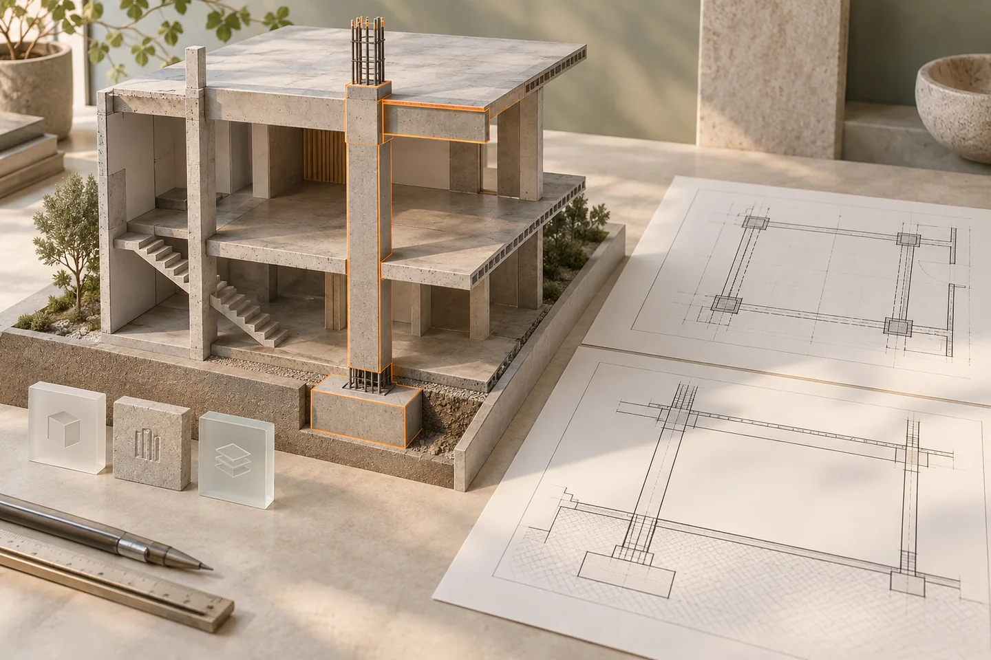 A cutaway concrete model sits beside matching plan and section sheets.