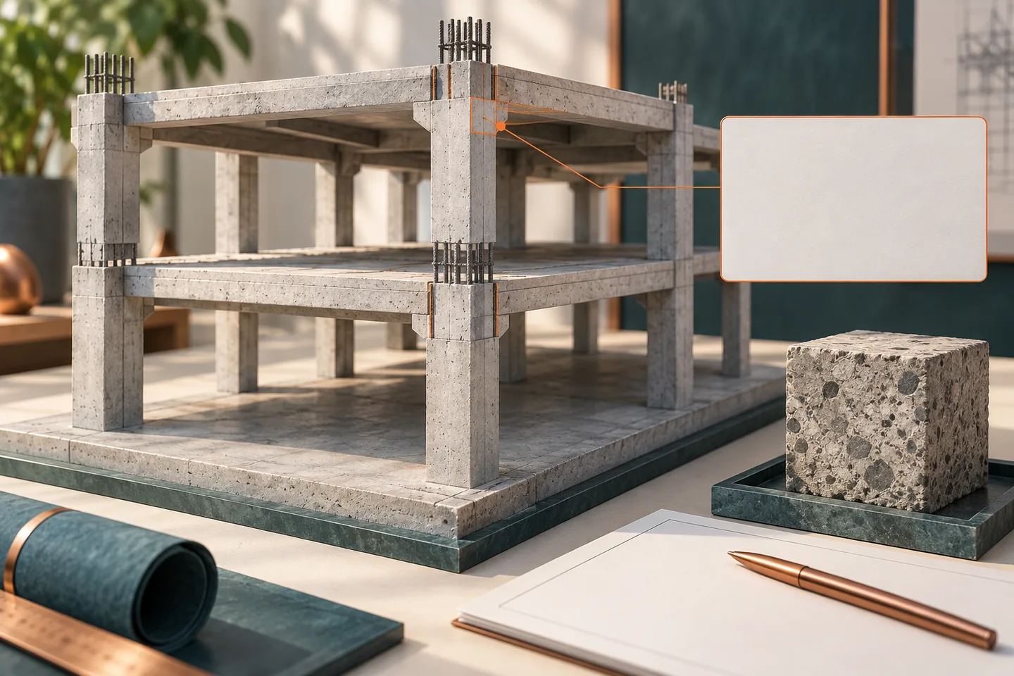 A concrete frame model, concrete specimen and blank specification sheet sit together on a desk.