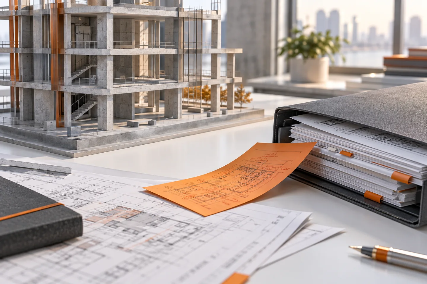 A concrete frame, drawing packet and review slip illustrate an information exchange.