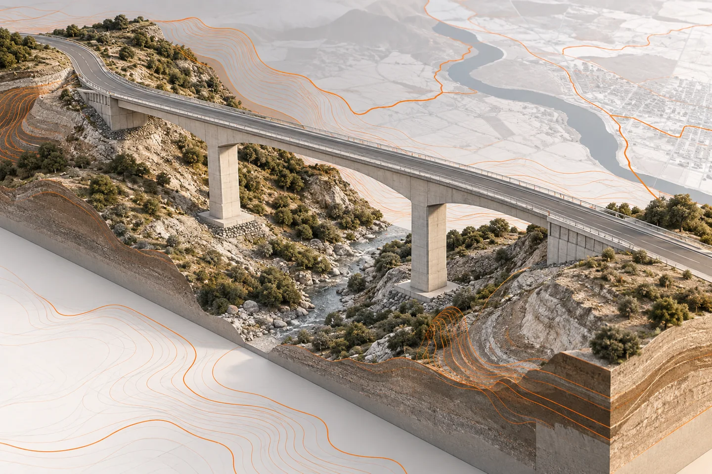 A concrete viaduct is embedded in a layered terrain block with geospatial lines.