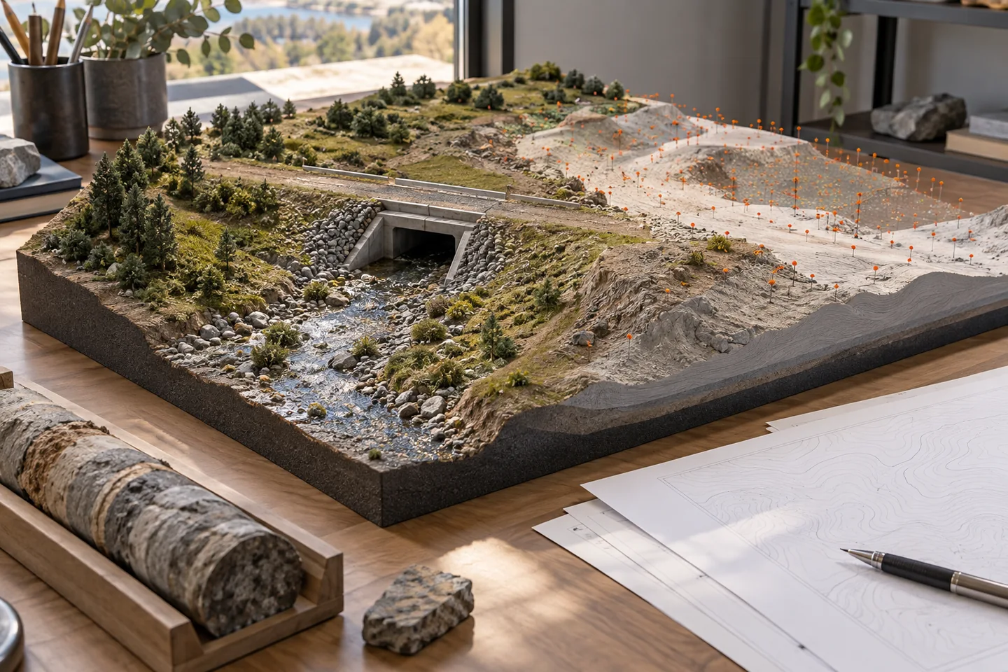 A terrain model, culvert location, survey sheets and sample illustrate input data.