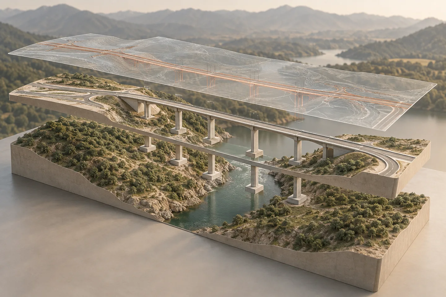 Separated terrain and infrastructure model layers align over a shared corridor.