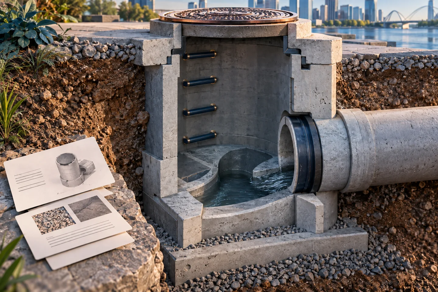 A drainage chamber and connected pipe sit beside an asset marker and records.