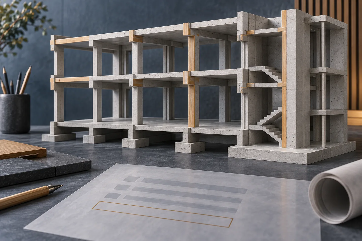 A concrete frame section sits beside an inspection sheet with one empty field marked.