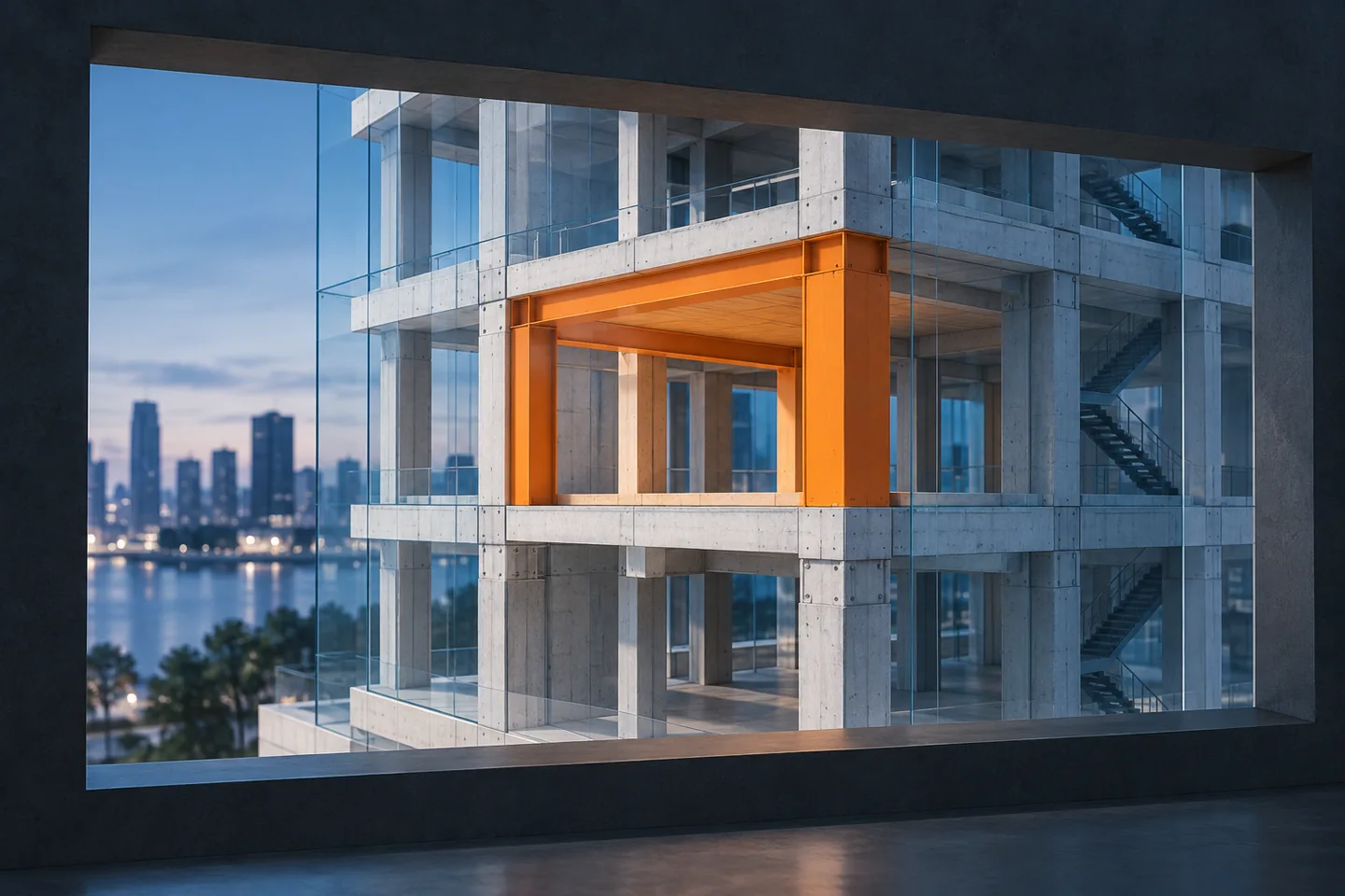 A selected structural bay is framed within a larger concrete model.