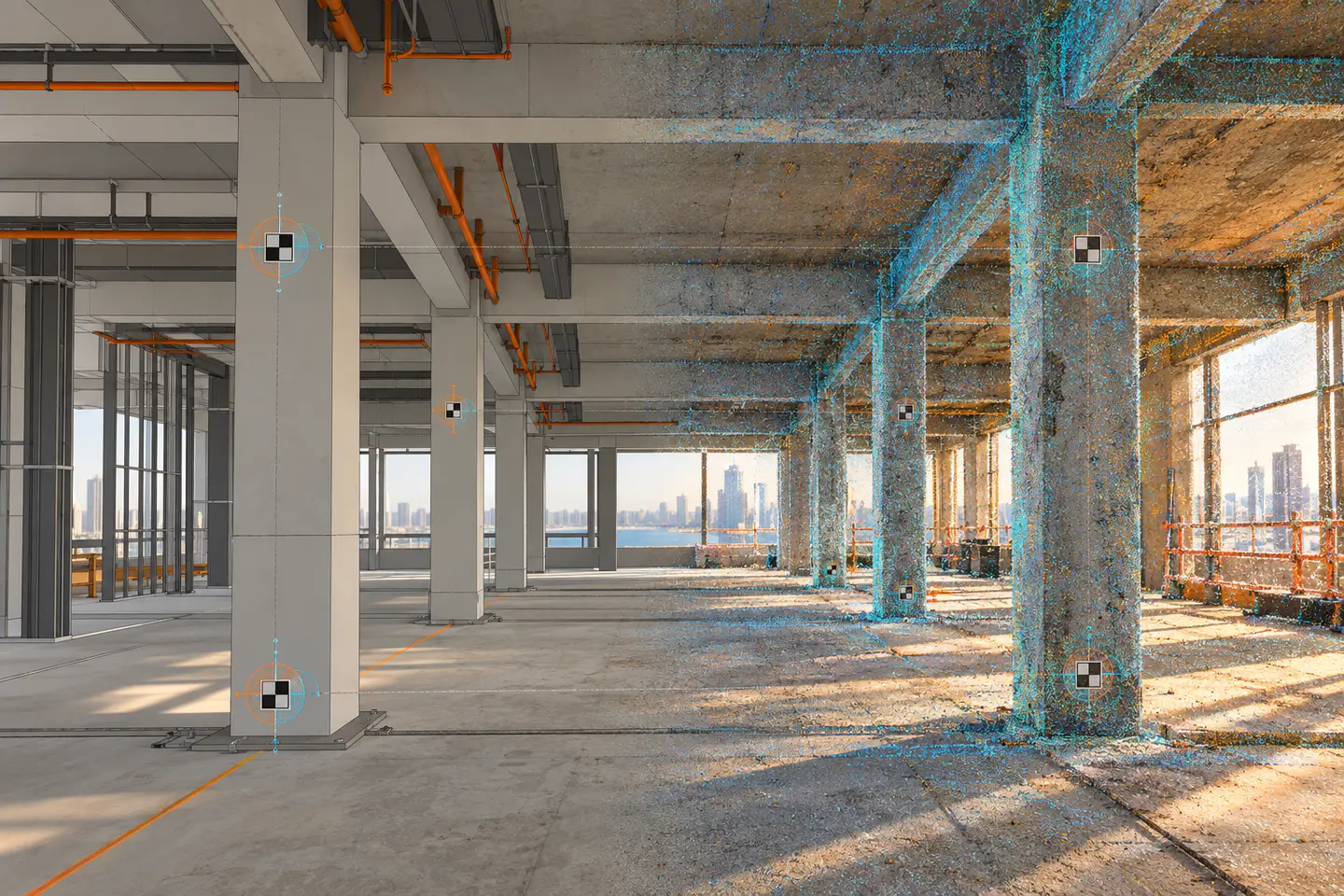 a color point cloud, deviation bands and measured reference targets