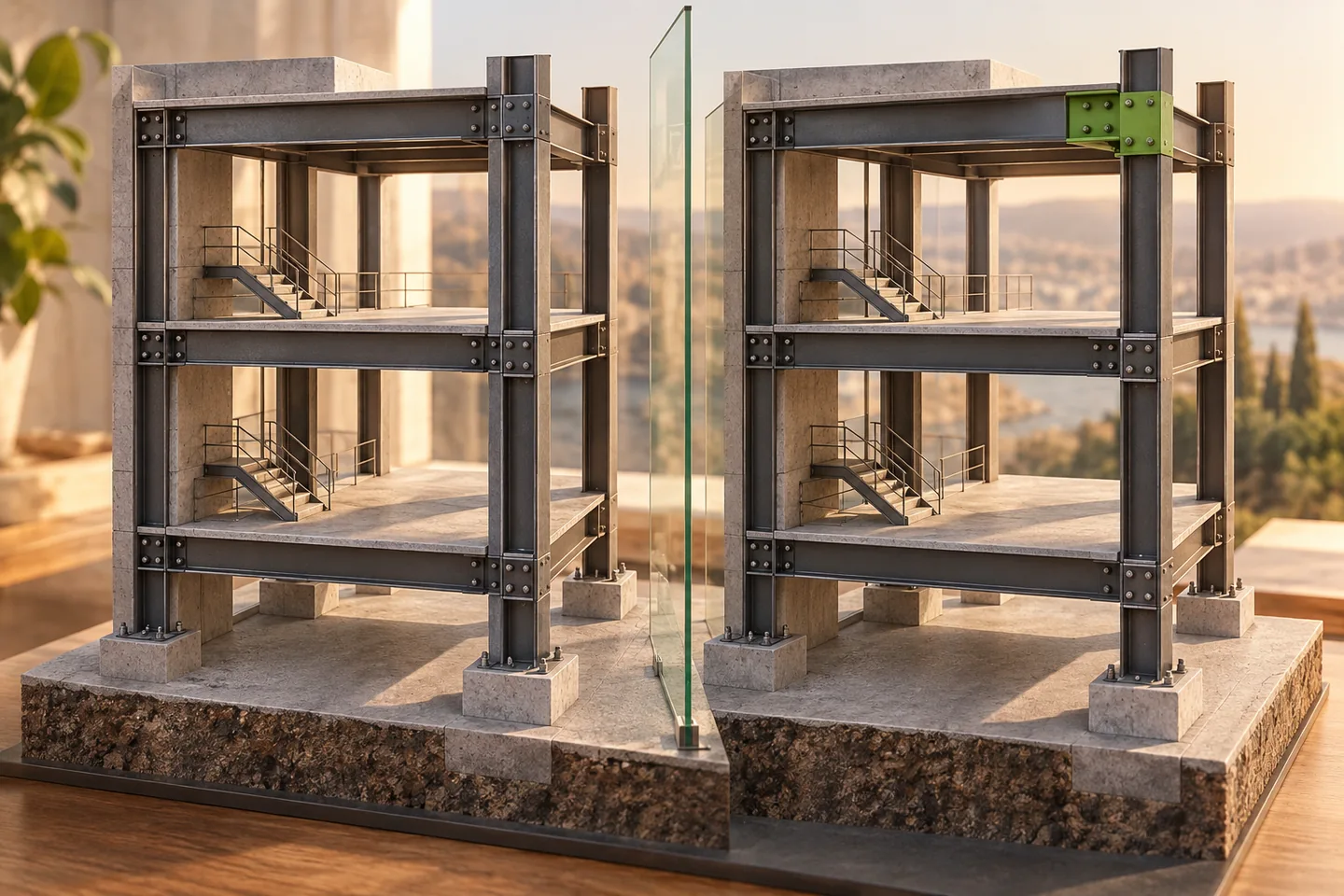Two matching frame models show one beam-end change across a comparison plane.