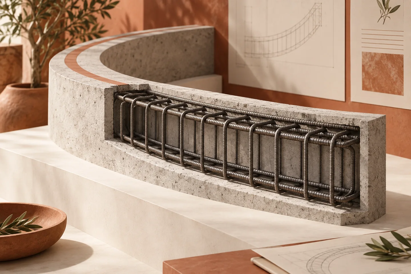 A curved concrete edge beam contains longitudinal bars and stirrups following its path.