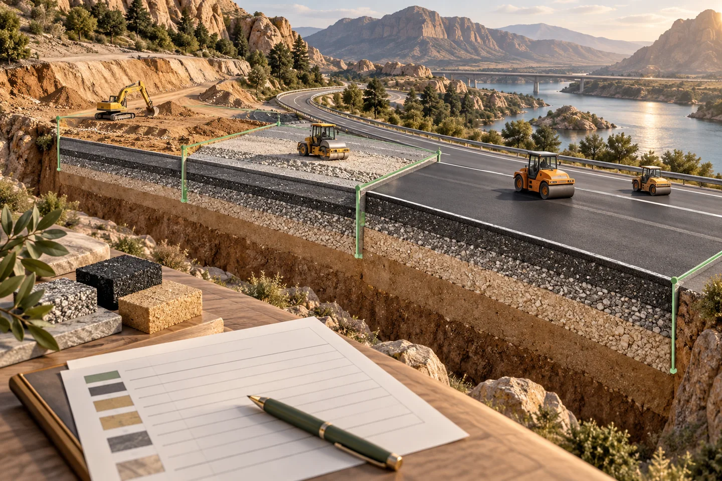 A terrain section shows distinct pavement layers and bounded road work zones.