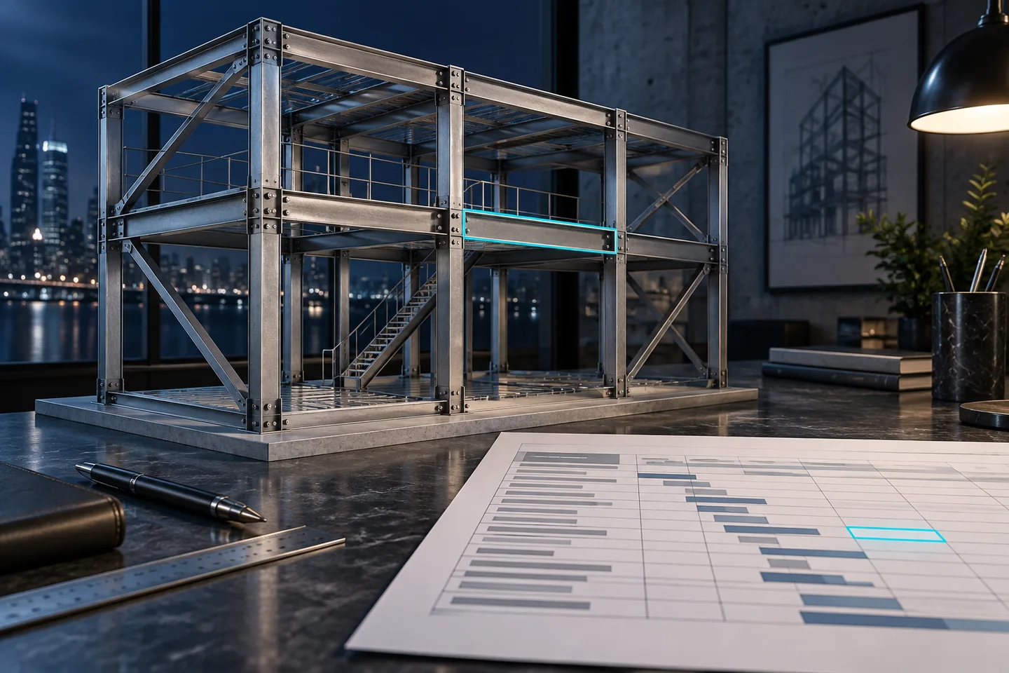 A steel frame stands beside a schedule with one empty cell highlighted.