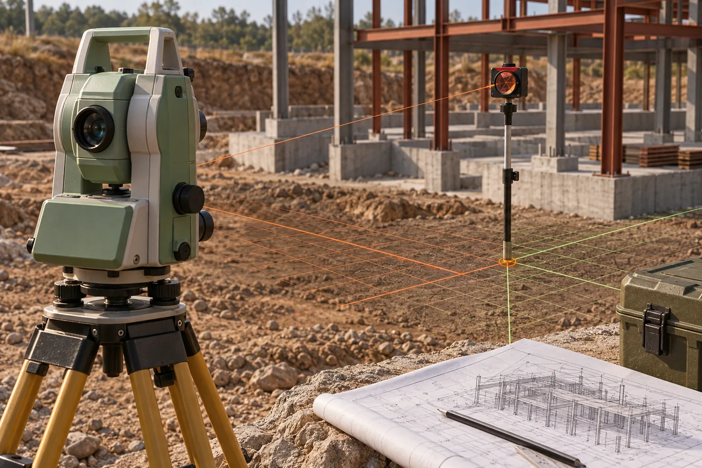 A total station and survey prism stand beside a site model with aligned coordinate grids.