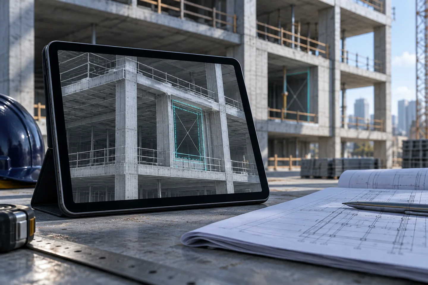 A tablet showing a structural bay sits beside a folded plan on a workbench.