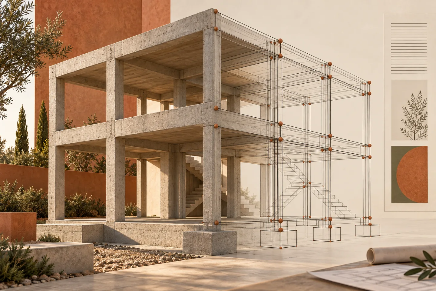 A concrete frame transitions from solid members to aligned line representation with nodes.