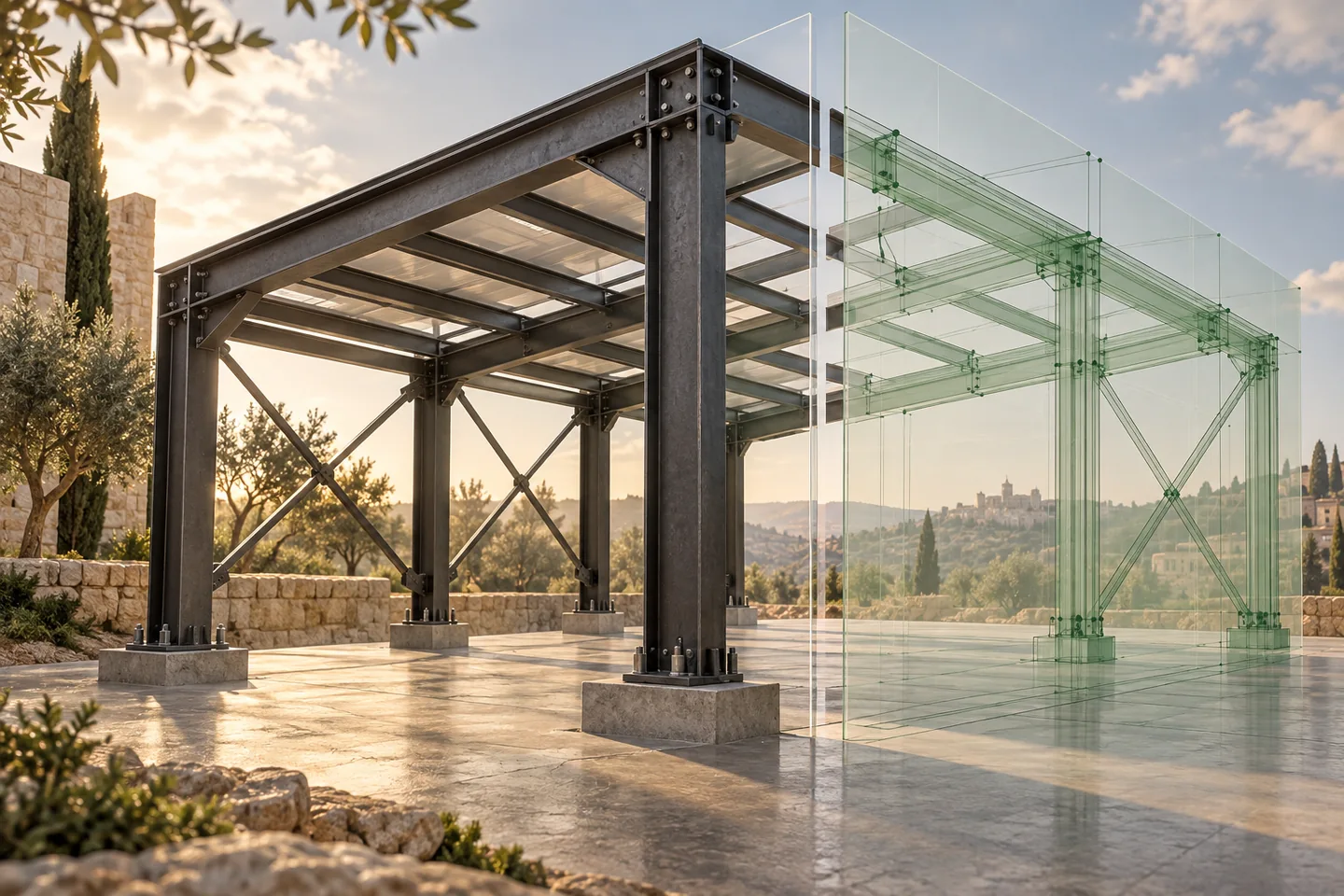 A steel portal frame is paired with a line representation and matching node points.