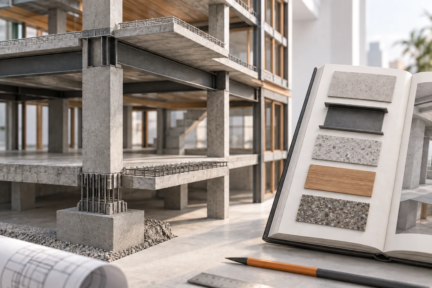 A cutaway structural model sits beside an organized reference swatch book.
