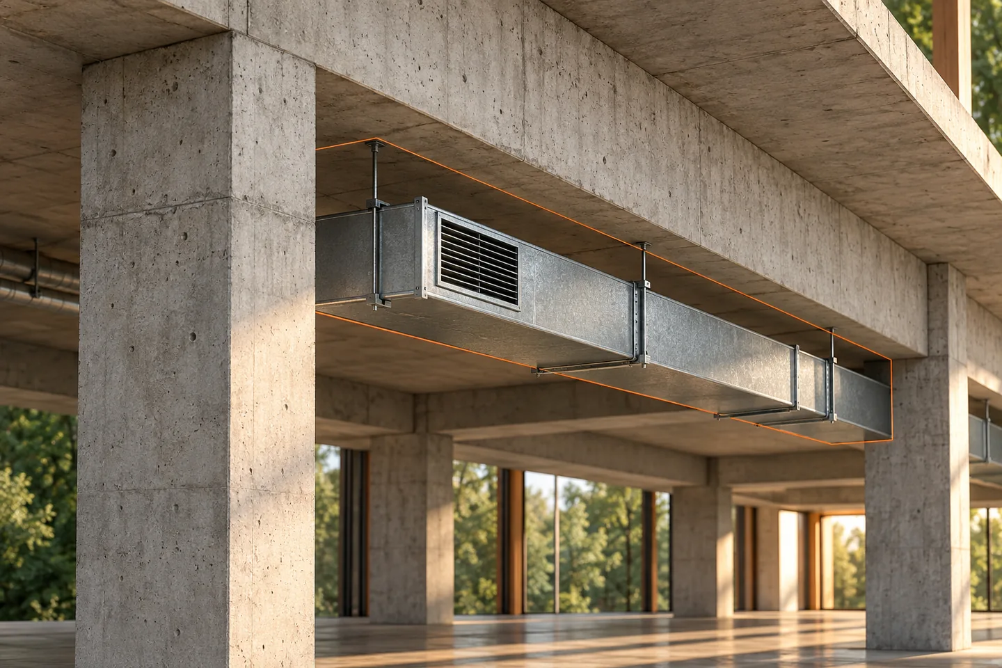 A ventilation duct passes below a concrete beam in a sectional structural bay.