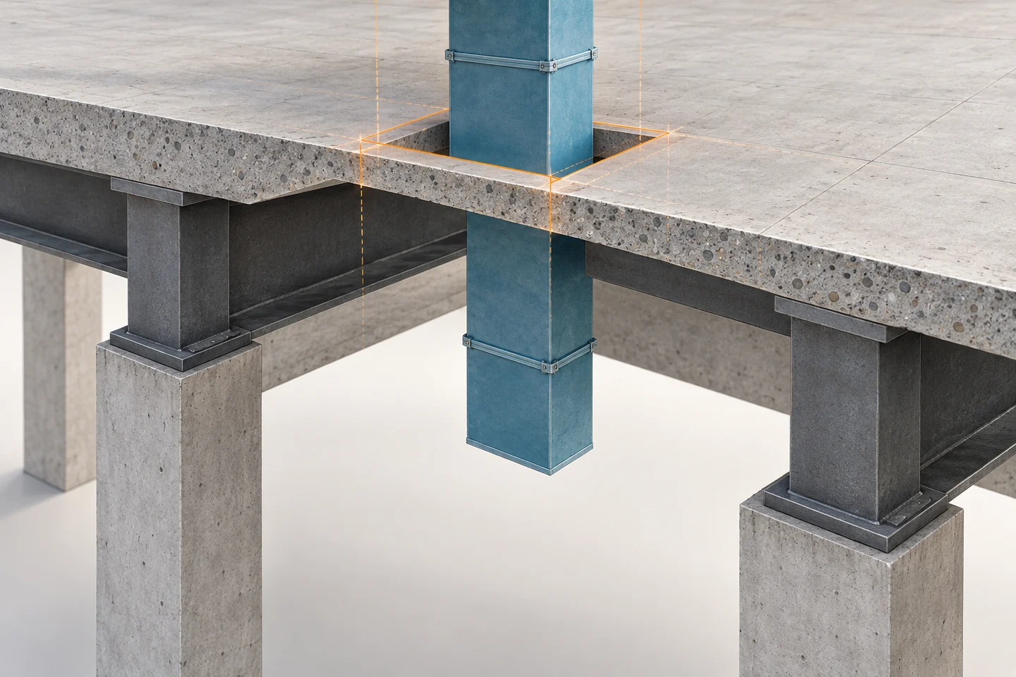 A blue service duct passes through a highlighted slab opening between intact structural supports.