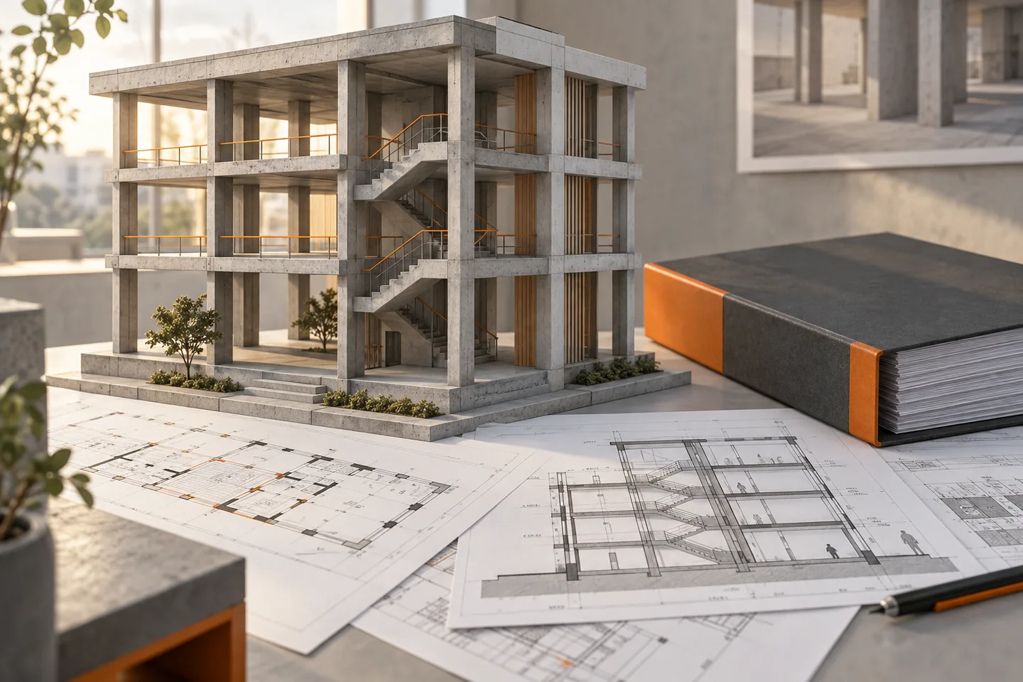 A concrete frame model sits with matching plan and section sheets and a document volume.
