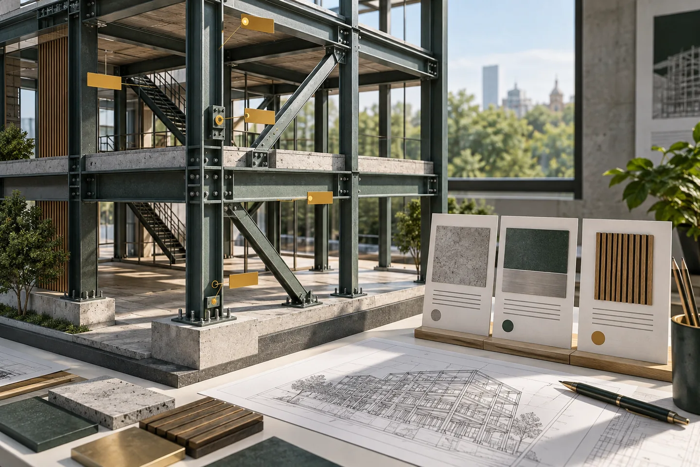 A steel framing module sits beside three parameter reference cards.