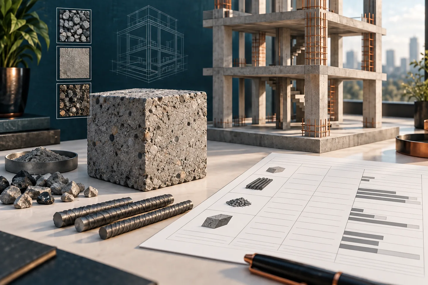 Concrete and rebar samples sit beside a structural model and quantity sheet.