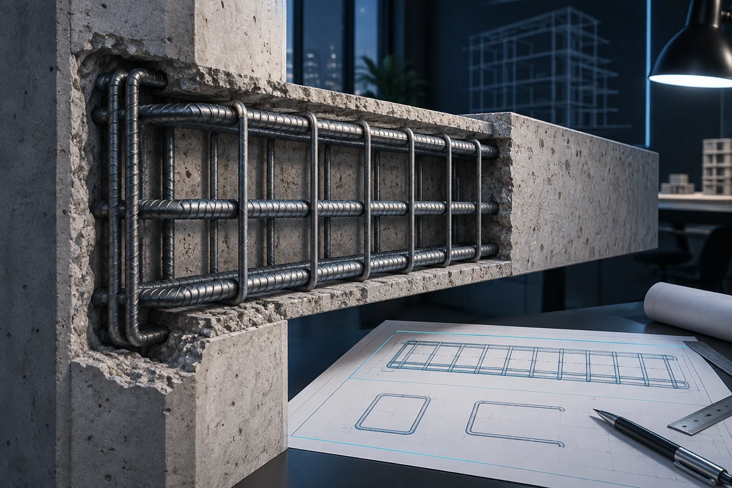 A concrete beam-end specimen exposes longitudinal bars and repeated stirrups beside a shape drawing.