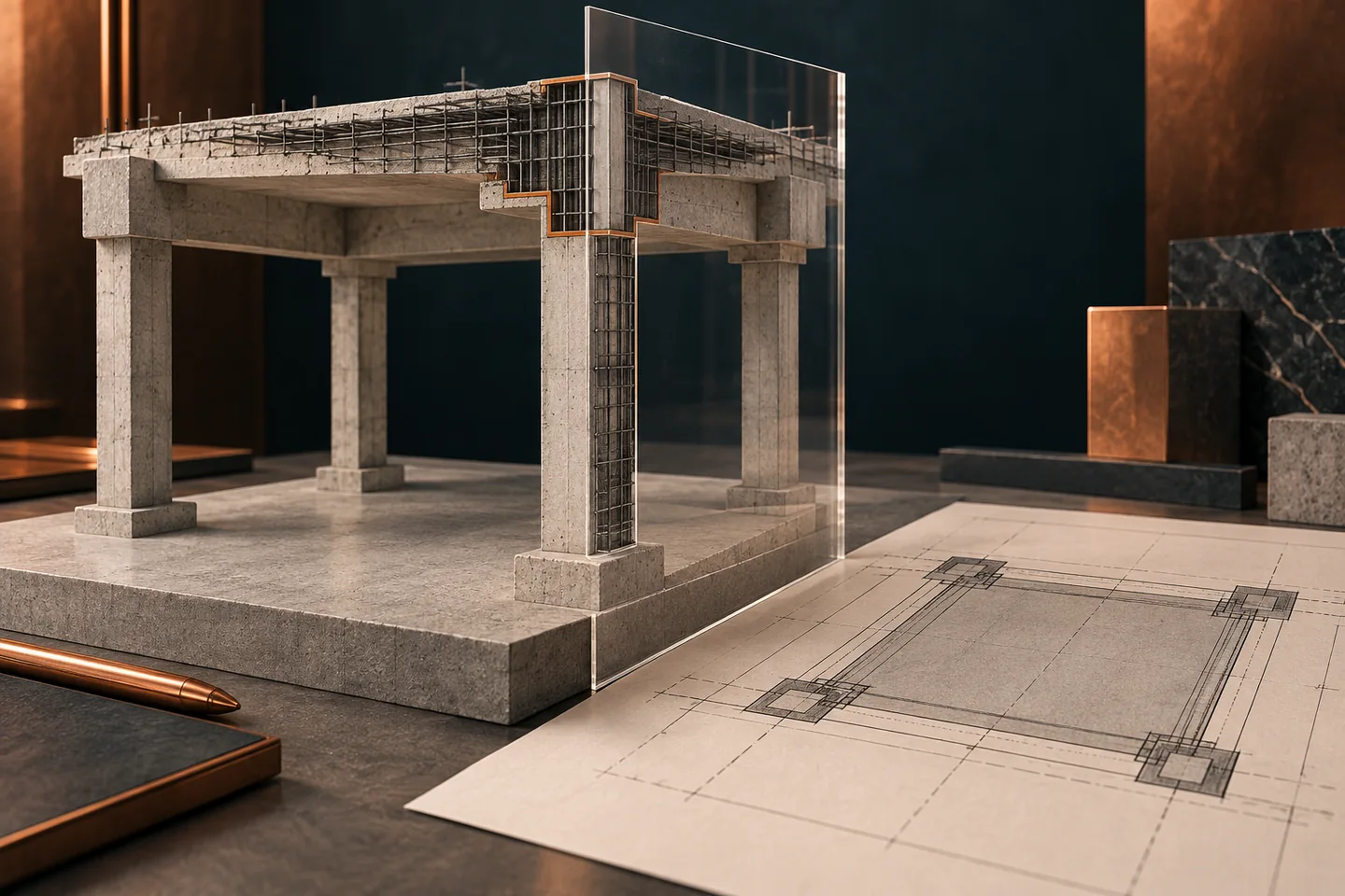A structural bay, transparent section plane and matching plan view show one selected interface.