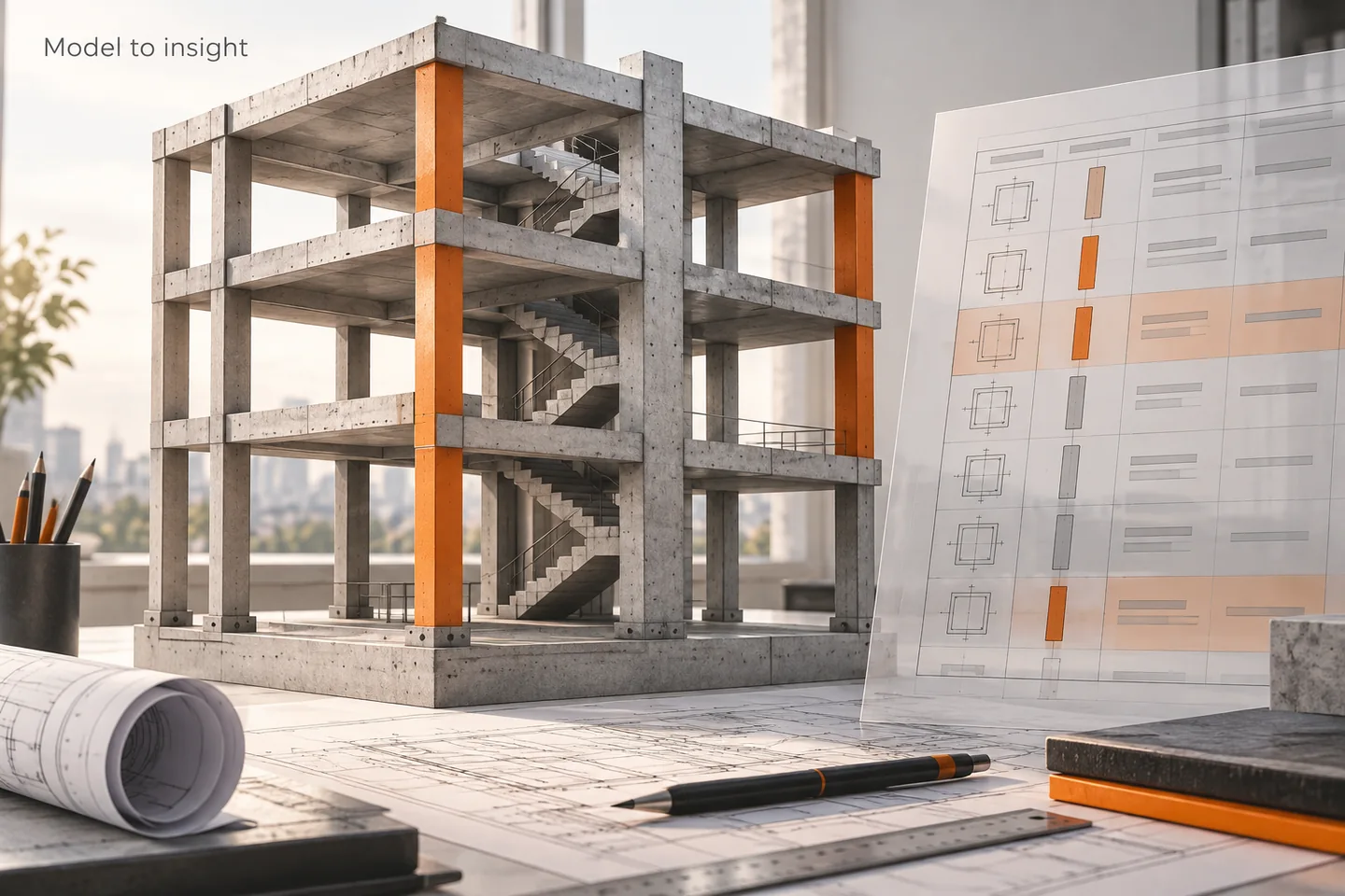 A concrete frame and schedule sheet link selected columns to highlighted rows.
